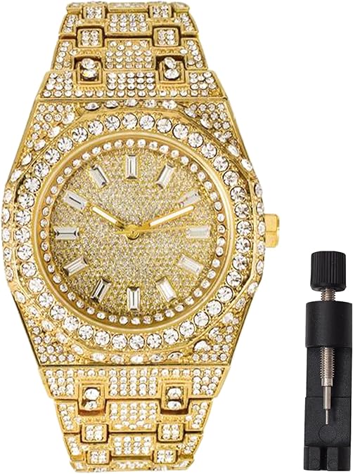 Mens Iced Out Bling Boss Watch 43MM Gold Silver Plated Full Iced Out Hip Hop Luxury - Sparkling Lab Diamond CZ Baguette & Precise Quartz Movement - Gift Box Included