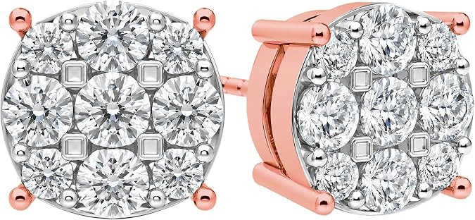 Diamond Stud Earrings CVD Lab Grown Diamonds solid 14K post & Silver basket, 7 or 9 Stone Cluster
