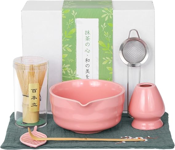 Matcha Whisk Set, 7 Piece Pink Matcha Whisk Kit with Matcha Ceramic Bowl, Holder, Scoop, Scoop Rest, Sifter, and Tea Cloth, Birthday Women's Day Gift Set for Tea Enthusiasts, Girls
