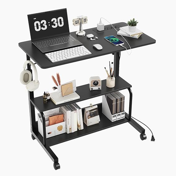 FCH 31.5" Mobile Small Standing Desk, Adjustable Height Mobile Computer Desk, w/2 AC Outlets + 3 USB Ports & Hooks, Storage Shelves, Suitable for Gaming, Studying, Home Office, Black