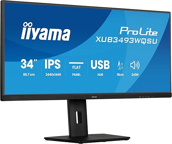 iiyama Prolite XUB3493WQSU-B6 86.7 cm 34 Inch IPS LED Monitor UWQHD HDMI DP USB 3.2 USB-C 7.5W Adaptive Sync Pip PBP Height Adjustment Black