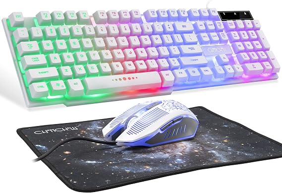 LED Backlit Wired Keyboard and Mouse Gaming Combo Mechanical Feeling Rainbow Backlight Emitting Character 3200DPI Adjustable USB Mice Compatible with PC Raspberry Pi iMac TDW910(White)