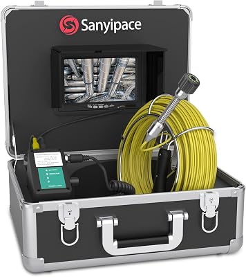 Sanyipace 165FT50M Drain Camera with Lights, Pipe Sewer Scope with IP68 Waterproof Probe, 7 Color Screen, 16GB SD Card, Camera Guide Wheel