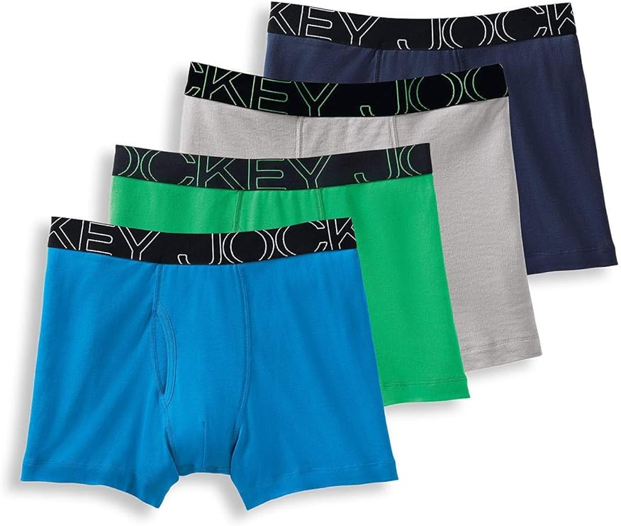 Jockey Men's Underwear ActiveBlend Boxer Brief - 4 Pack, Blue Curacao/Shamrock Green/Quartz Grey/Navy, XL