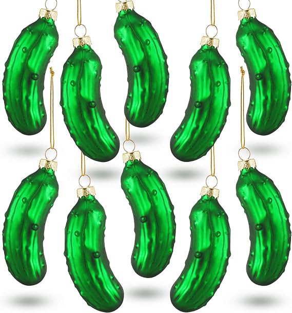 Christmas Pickle Tree Ornament, Glass Blown Green Pickle Hanging Ornaments for Christmas Tradition Decor Party Favor (10 Pieces)
