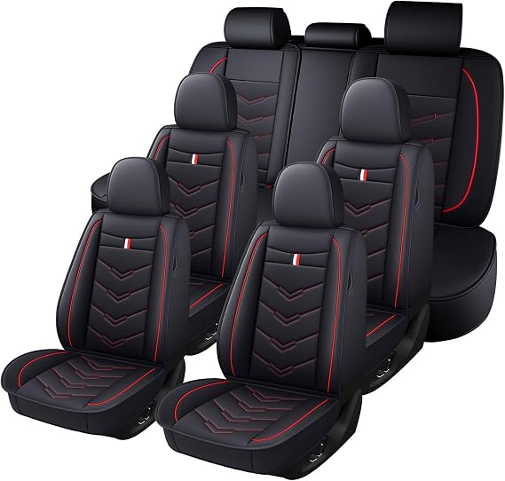 Car Seat Cover 7 Seats for Cadillac Escalade 2000-2026, Waterproof Durable Premium Leather Car Seat Protector, Comfortable Anti-Slip Stylish Sport Seat Cover(7 Seats Standard,Black Red)