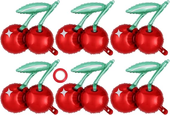6 Pcs Cherry Balloons, 20 Inch Cute Cherry Foil Balloon, Red Fruit Mylar Balloons for Cherry Summer Themed Birthday Party Decoration Baby Shower