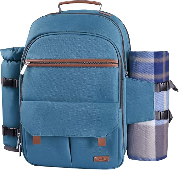 Sunflora Picnic Backpack for 4 Person Set Pack with Insulated Waterproof Pouch for Family Outdoor Camping(Light Blue)