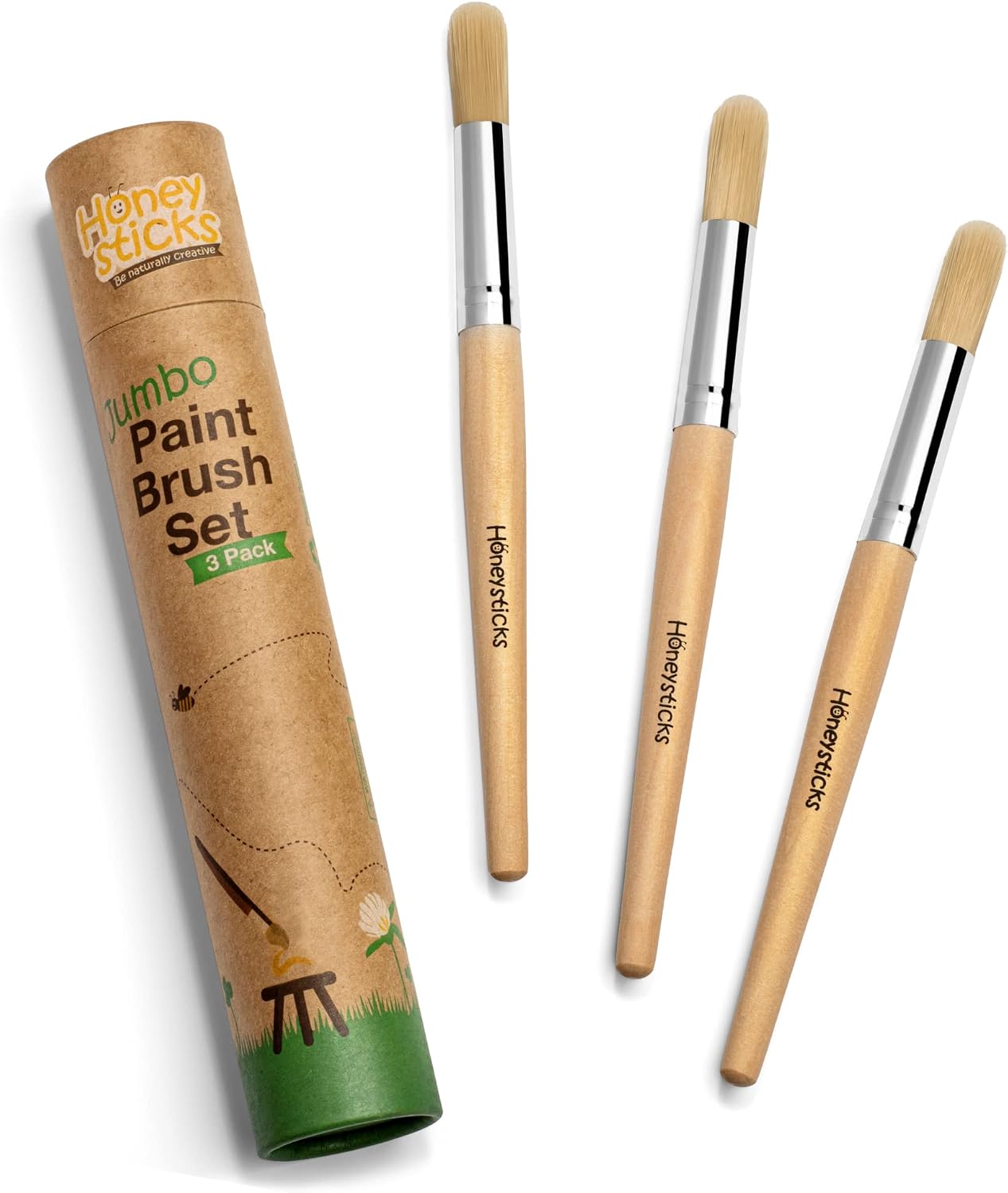 Honeysticks Jumbo Paint Brush Set - 3 Pack. Jumbo Paint Brushes for Kids with a Large Wood Handle for Easy Grip. Perfect for Toddler and Preschool Painting. Handy Storage Container. Vegan