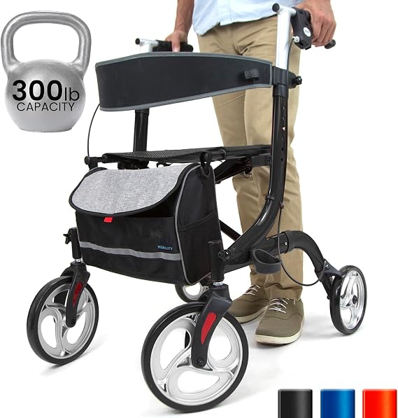 Vive Mobility Rollator Walker with Seat - Lightweight, Easy Folding - Senior 4 Wheel Rollator with Basket Support - Comfort Drive Handles & Thick Backrest - Mobility Aid Accessories