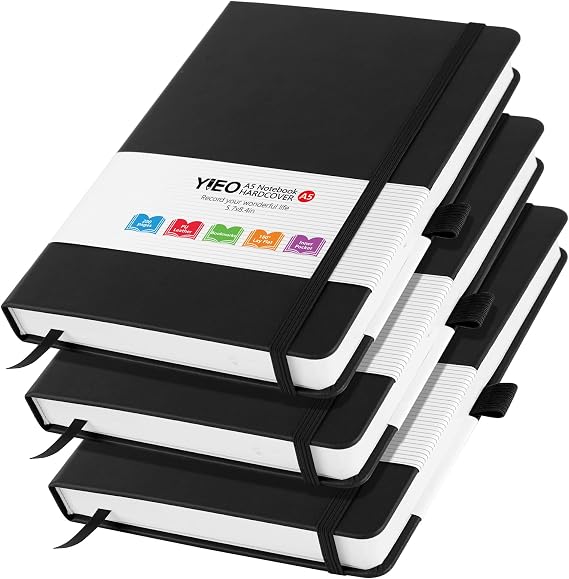 A5 Notebook, 3 Pack Leather Notebook Journal for Women Men , 200 Lined Pages 80GSM Notebooks with Elastic Loop, Pen Loop and Expandable Paper Pocket, Hardback Notepad for Office School Supplies -Black