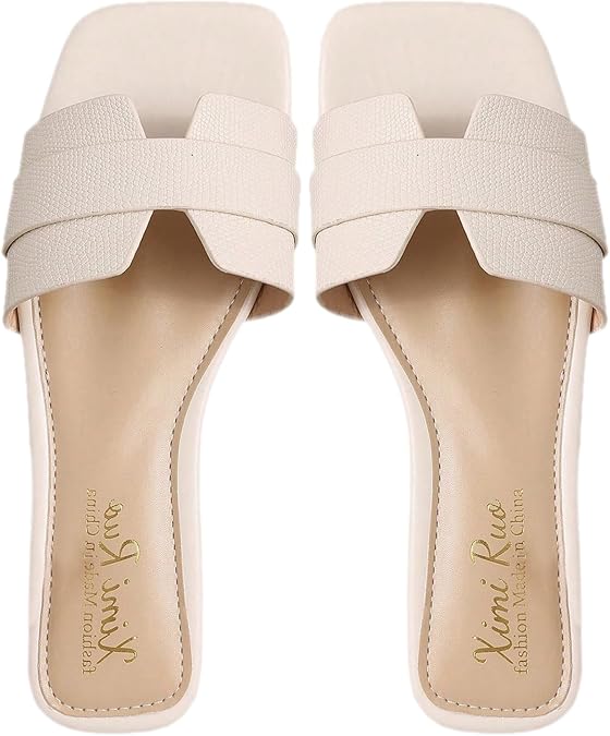 OYOANGLE Women's Square Open Toe Leather Slide Sandals Single Band Summer Dressy Slides