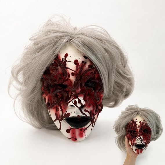 Bloodworm Ghost Scary Mask, Horror Halloween Mask With Gray Hair