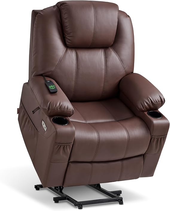 MCombo Large Power Lift Recliner Chair with Massage and Heat for Tall Elderly People, 3 Positions, Cup Holders, and USB Ports, Faux Leather 7516 (Large, Light Brown) | 4.7" Extended Footrest, FSC&OEKO-TEX Certified,Charging Port, Cup Holders, Side Pockets, Faux Leather, No-tool Assembly