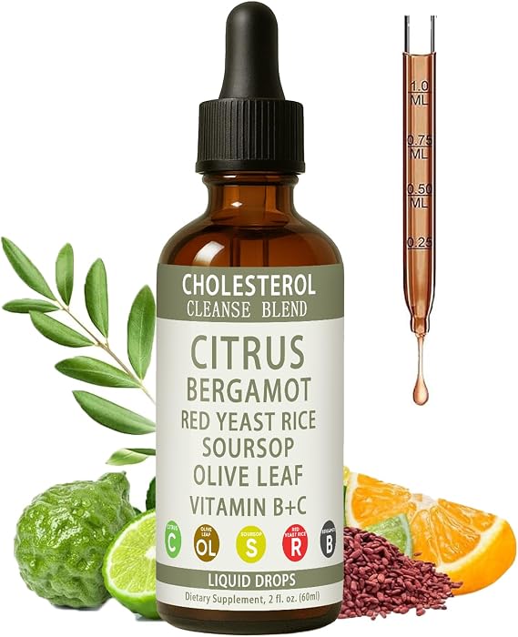 Red Yeast Rice Drops, Citrus Bergamot Red Yeast Rice, High Absorption Cholesterol Support Blend with Red Yeast Rices, Citrus Bergamot, Olive Leaf & Soursop, Natural, Non-GMO, Vegan - 2 fl oz