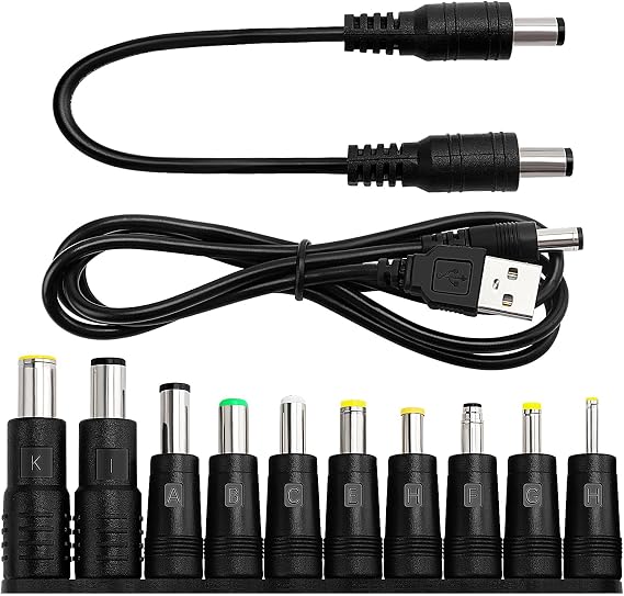 Universal DC Power Adapter Tips Kit, KUOQIY 10-in-1 5.5 X 2.1mm DC Barrel Jack Adapter, with 2 PCS Cable, for Fans, Routers, Desk lamps, Computers