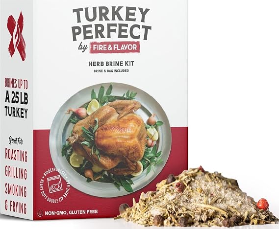 Fire & Flavor Turkey Perfect All-Natural Herb Brine Seasoning Kit, Perfect for Roasting, Grilling, Smoking, and Frying, Including Durable Double-Zipper Gusseted Brining Bag for Birds up to 25 lbs