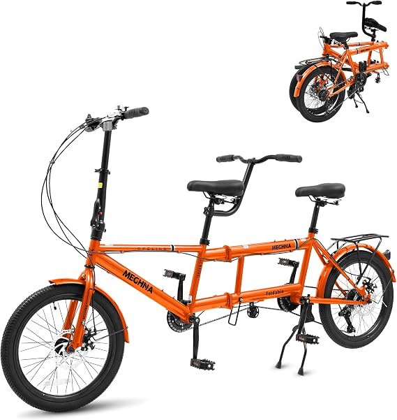 Folding Tandem Bike, 20 Inch Tandem Bikes for Adults, 7 Speed 2 Person Foldable Bike, Portable City Beach Cruiser Bikes with Adjustable Height and Dual Disc Brakes for Travel