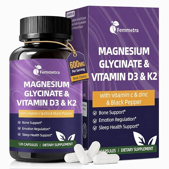 7-IN-1 Magnesium Glycinate 600mg Vitamin D3 K2 Supplement, 120 Capsules