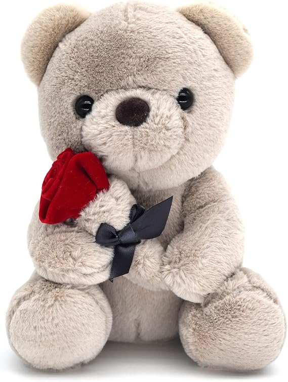 HWD 9.8'' Teddy Bear with Rose, Soft Plush Doll Stuffed Animals Toys, Gifts for Her/Girlfriend Lover Mom Kids Toddlers (Gray)