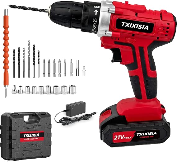 Cordless Drill 21V Electric Screwdriver Drills 2 Variable Speed, LED Work Light, 2.0 Ah Battery, MAX 35NM with 29PCS Drill Bits Set DIY Tool for Home Drilling Wood/Metal