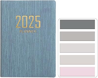 Mini 2025 Pocket Agenda, PU Texture Cover 120 Pages Daily Planner A7 Week to View Appointment Diary Planner and Organiser Palm-Sized Calendar Notebook with Morandi Sticky Tabs Blue