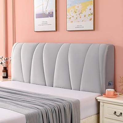 Velvet Bed Headboard Slipcover with Side Storage Pocket for Queen Full Twin Cal King Size Bed,Quilted Bed Headboard Cover Thicken Headboard Dustproof Protector Cover-Silver Grey||Bed Head 210cm