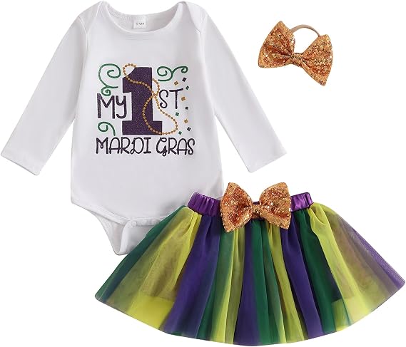 Bonangber Toddler Baby Girl Mardi Gras Outfit Long Sleeve Letter Print Romper Mesh Tutu Bloomer Skirts Spring Clothes