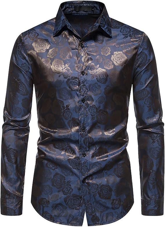 DGHM-JLMY Men's Fashion Long Sleeve Floral Lapel Casual Shirt Slim Fit Casual Printed Shirt Button Dress Shirt Formal (Dark Blue,X-Large)