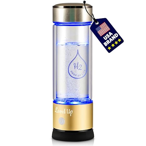 LevelUpWay 2025 Hydrogen Water Bottle Generator New Technology Glass with SPE PEM Ionic Membrane High Borosilicate Glass 13 Ounce (Gold) Premium Hydration Solution