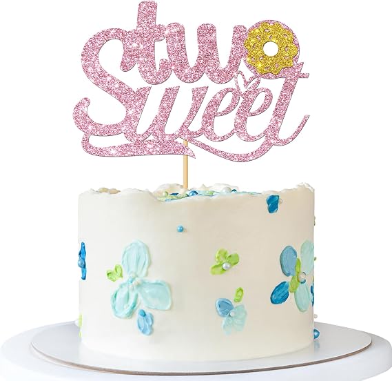 Two Sweet Cake Topper - Girl 2nd Birthday Party Cake Supplies - I'm Two - It's a Girl Sign - Donut Two Years Old Birthday Party Decoration - Pink Glitter