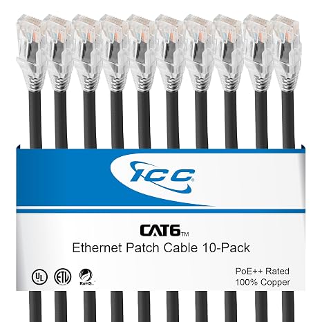 ICC CAT6 Ethernet Patch Cable, RJ45 UTP, 550 MHz, Black, 1 ft, 10-Pack