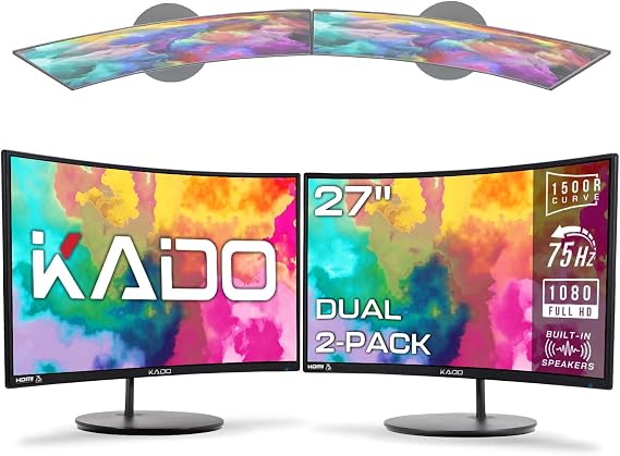 Kado Dual Monitor 2-Pack 27" Curved 1500R 1920x1080 75Hz Computer Monitor