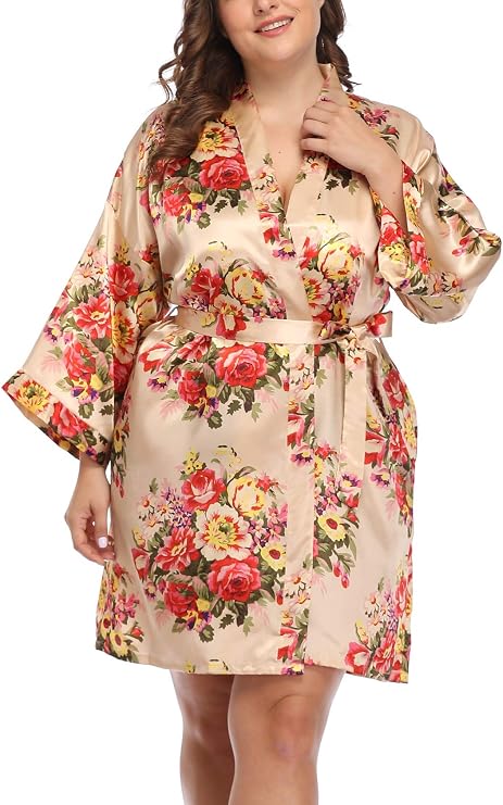 Womens Plus Size Silky Satin Kimono Robes Wedding Party Bridesmaid Sleepwear Bathrobe Dressing Gown