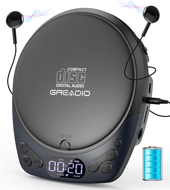 Greadio Portable CD Player with Headphones, Rechargeable CD Player for Home | Car CD Players with 60s Anti-Skip, Supports CD/MP3/WMA/TF Card/AUX Output, Backlit / Lock / Programmable / Timer (Blue-Black)