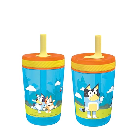 Zak Designs 15oz Bluey Kelso Tumbler Set, Leak-Proof Screw-On Lid with Straw Made of Durable Plastic and Silicone, Perfect Bundle for Kids, 2 Count Pack of 1