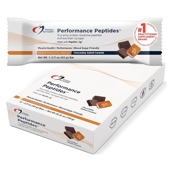 Designs for Health Performance Peptides Bars (12 Bars) | 15 g Whey Protein + 2.4 g PeptiStrong for Muscle & Endurance Support Sweetened with Allulose Vegetarian, Gluten-Free, Non-GMO,lt;1 g Sugar
