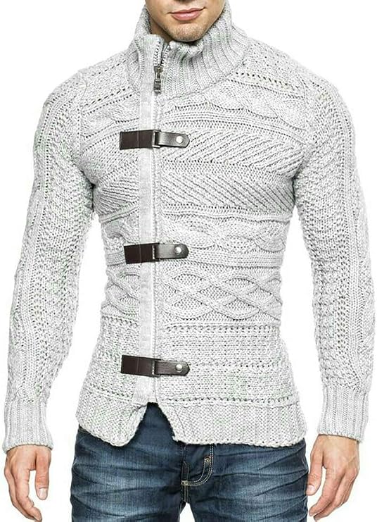 Karlywindow Mens Cable Knitted Cardigan Sweater Turtleneck Long Sleeve Slim Fit Winter Zipper Front Casual Pullover Sweaters