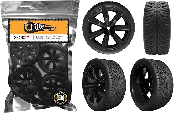 FIRE BRAND RC Shanx-RTTM Galaxy BlackTM On-Road Race Wheels w/MakosTM - Pre-Glued Rubber Race Treads, 1:10 Scale, 3mm Offset, 12mm Hex-fit Hubs, Medium-Hard Rubber Compound, Set of 4