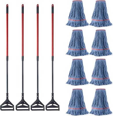 Matthew Residential&Commercial Mop 4 Set&4 Replacement Heavy Duty Industrial Mops wAdjustable Side-Gate HandleQuick-Change Gripper Looped-End String Wet Cotton Mop for Home,Office,School