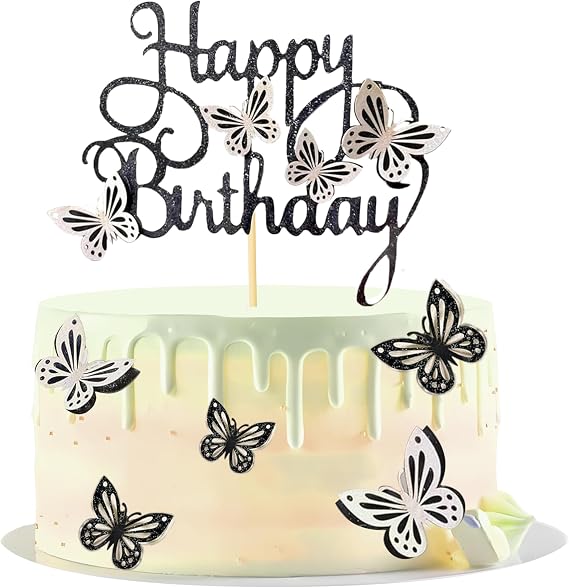 13-Piece Butterfly Cake Topper - 3D Butterfly Cupcake Toppers for Girls & Women's Birthdays (Black & White)