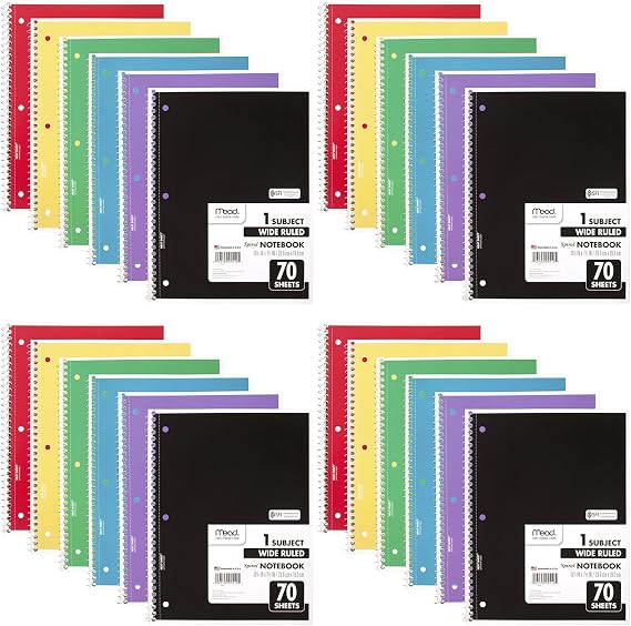 Mead Spiral Notebook, 24 Pack, 1 Subject, Wide Ruled Paper, 7-1/2" x 10-1/2", 70 Sheets per Notebook, Colors Will Vary (930203-ECM25)