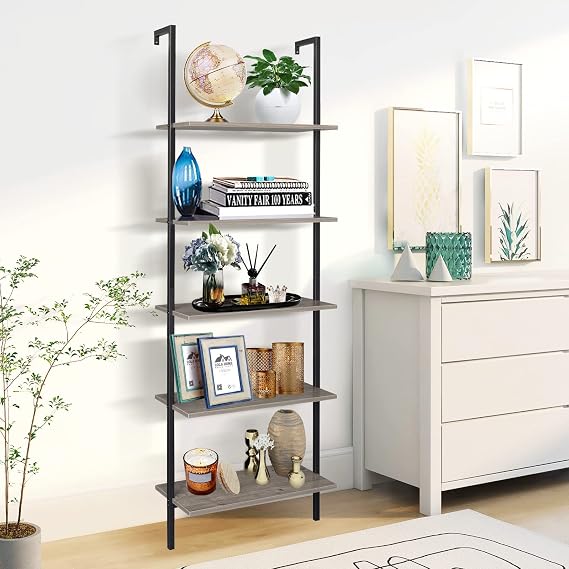 5 Tier Wall Mounted Ladder Shelf, Ladder Bookshelf with Metal Frame and Wood Shelf, Modern Learning Bookcase for Living Room, Bedroom, Office (23.6" W x 11.8" D x 70.8" H, Antique Gray)