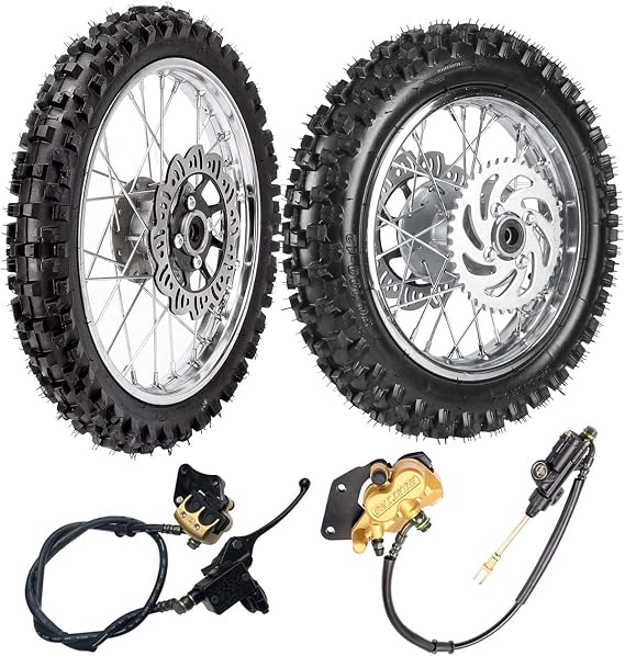 TDPRO Front 60/100-14 & Rear 80/100-12 Wheel Rim With 12mm Bearing & Front Rear Hydraulic Master Cylinder & Sprocket and Brake Disc Rotor Assembly for Dirt Pit Bike