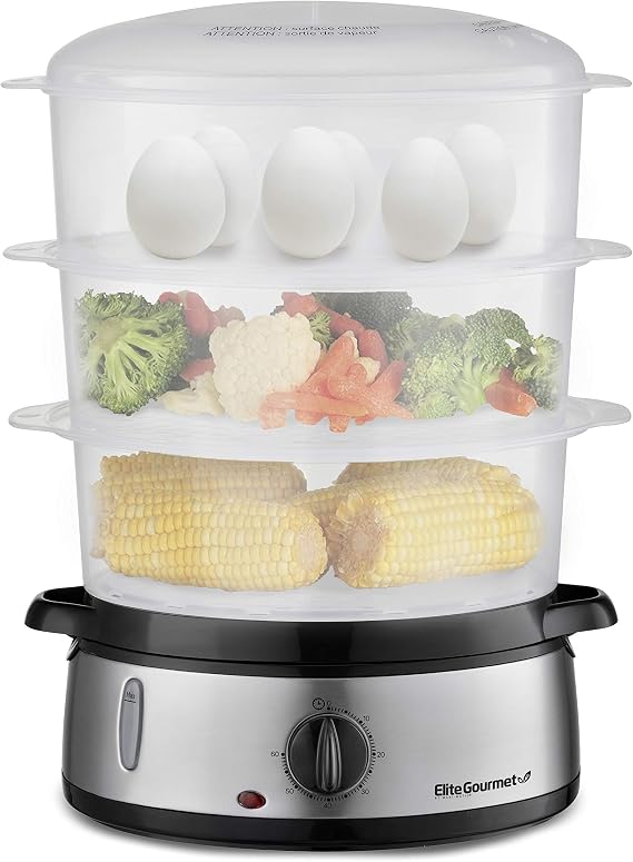 Elite Gourmet Electric Food Steamer, 3-Tier BPA-Free, 9 Qt, Stainless Steel | 800W with auto shut-off 60-min timer - nested basket trays for rice, vegetables & seafood