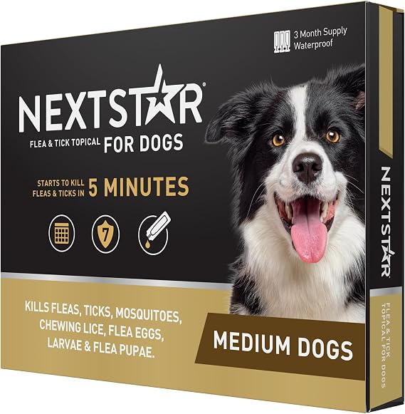 NEXTSTAR Flea and Tick Prevention for Dogs, Repellent, Treatment, and Control, Fast Acting Waterproof Topical Drops for Medium Dogs and Puppies, 3 Monthly Doses