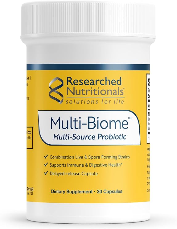 Researched Nutritionals Multi-Biome - Dual-Action Probiotics for Women & Men - Spore + Live Strain Formula with Delayed-Release Capsules for Gut Health, Histamine & Immune Support (30 ct)