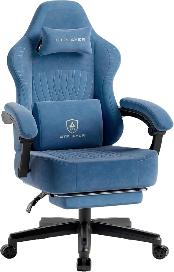 GTPLAYER Gaming Chair, Video Game Chairs with Footrest, PC Gamer Chairs for Adults - Padded High Back Ergonomic Reclining Silla Gamer, Linkage Armrest, Ace Pro, Blue (Velvet)