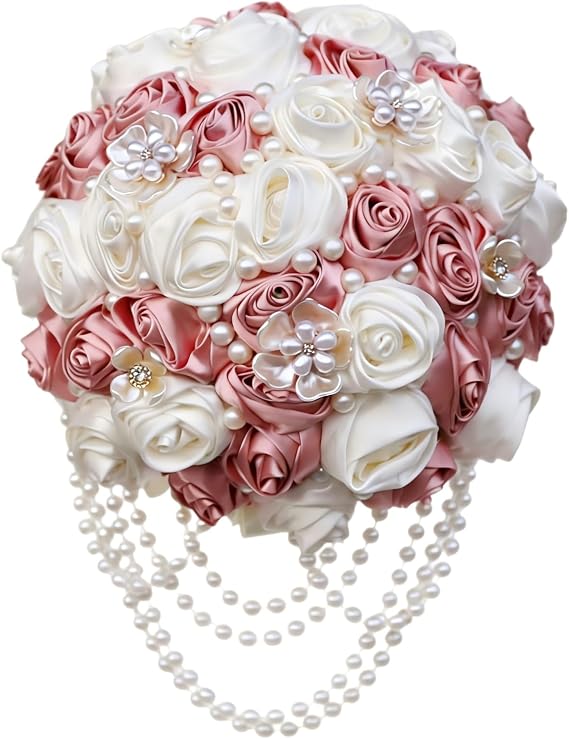 Pink Wedding Bouquet with Brooch Pearl String Cascade Bouquet for Bride Bridesmaid Quinceanera Artificial Satin Rose Flower Bridal Bouquet Wedding Blush Pink and Ivory 8.7in