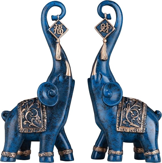 DOVDOV Elephant Statue, Blue Elephant Home Decoration, Good Luck Elephant Statue Decoration Home, Elephant Gift Living Room Entrance Shelf Decorations 2 Pack